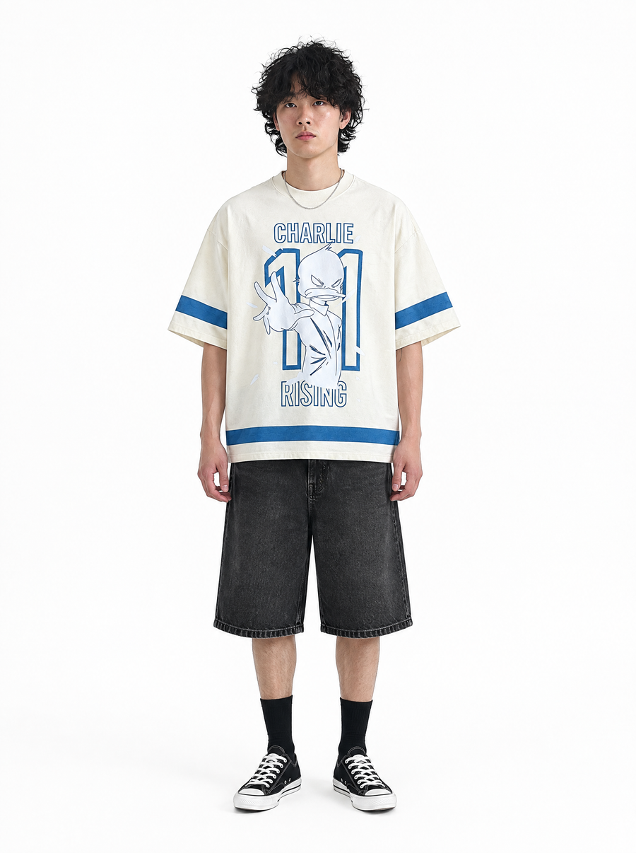 Cream Charlie Rising tee, front view, on model