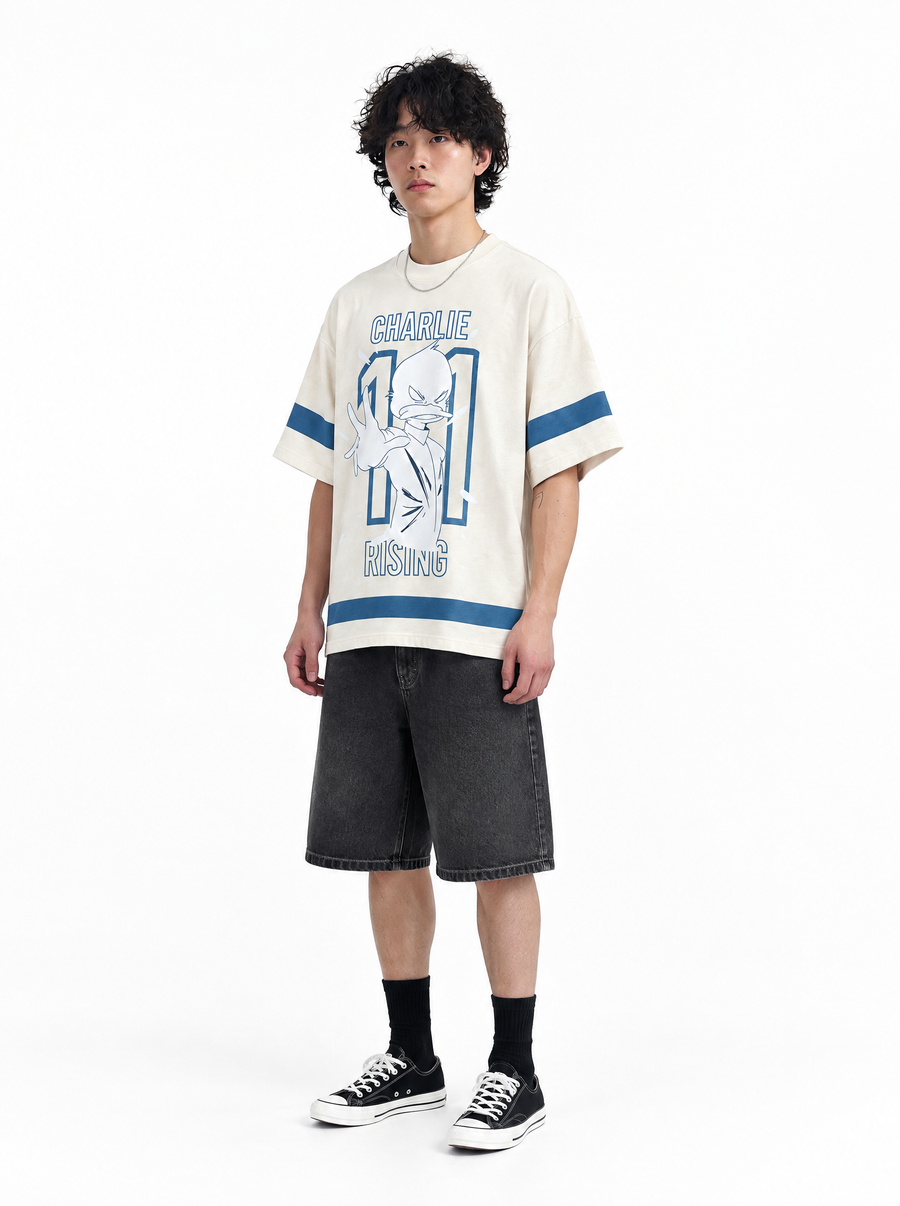 Cream Charlie Rising tee, front view, on model