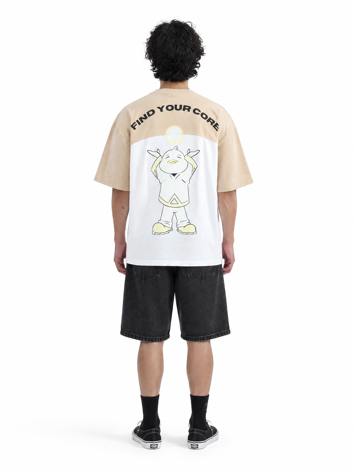 Charlie find your core tee, back view, on model