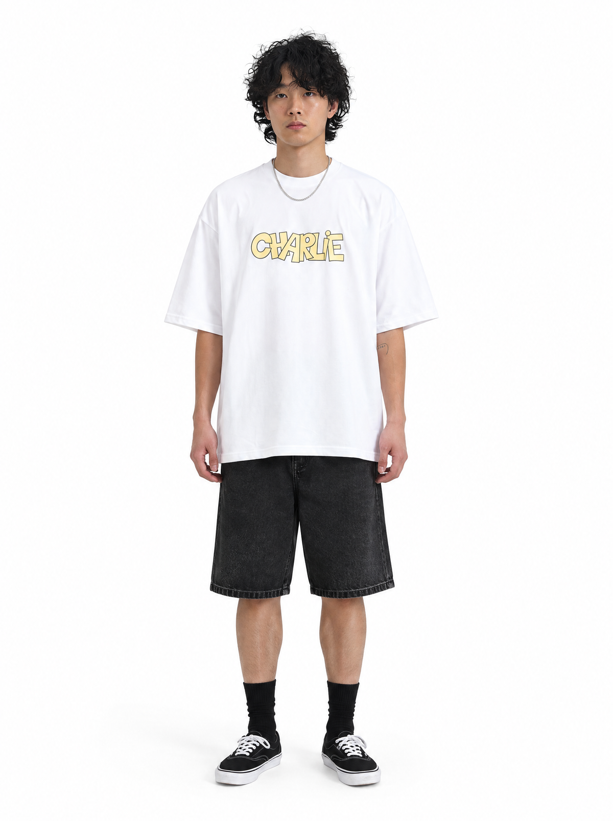 Charlie Lazy Angel Club tee, front view, on model