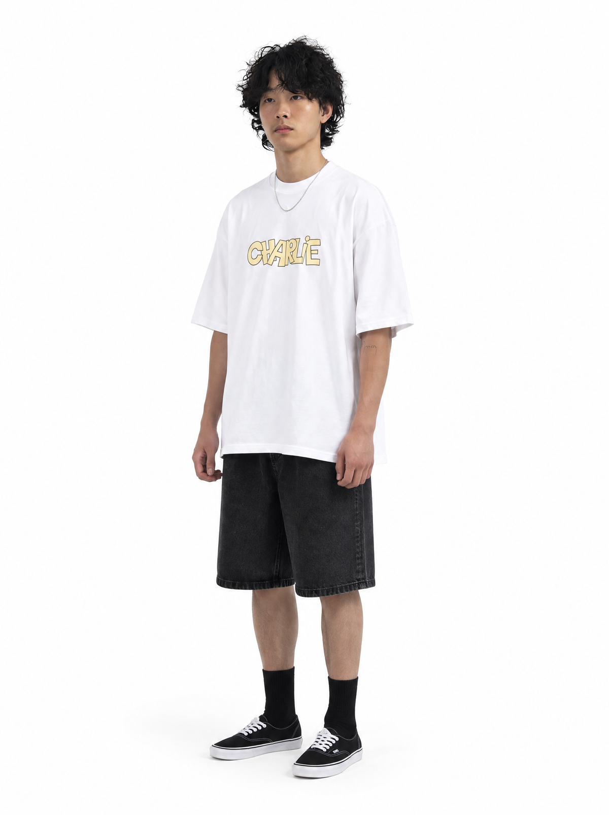 Charlie Lazy Angel Club tee, three-quarter view, on model