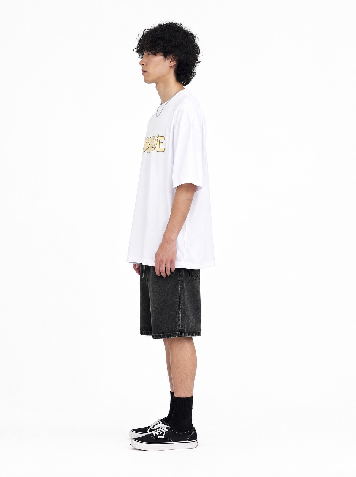 Charlie Lazy Angel Club tee, side view, on model
