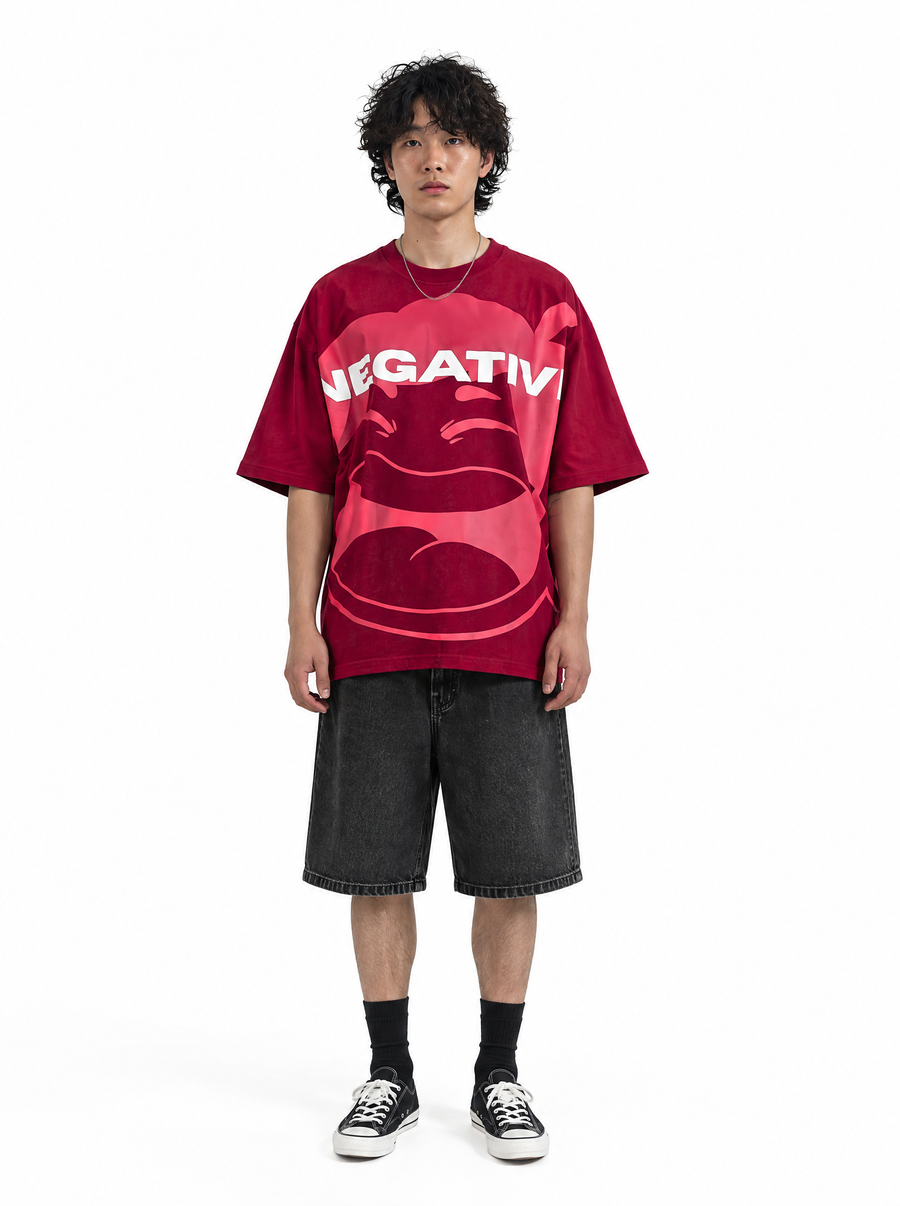 Be Negative tee, front view, on model