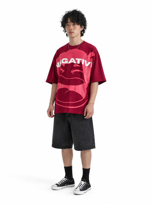Be Negative tee, three-quarter view, on model