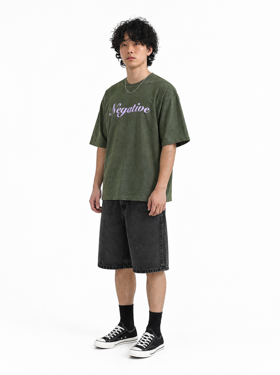Negative green tee, front view, on model