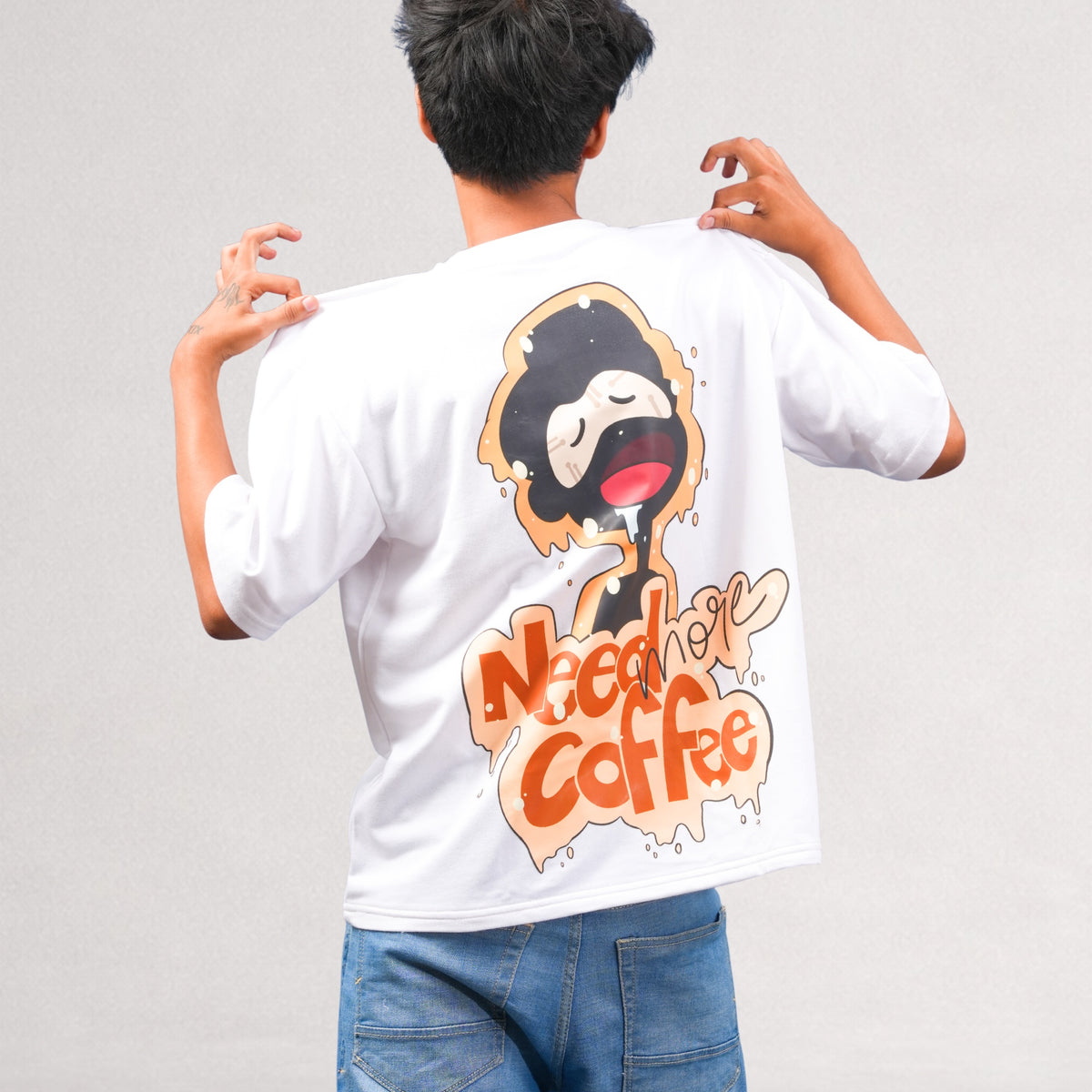 Need More Coffee oversized cropped tee, front view