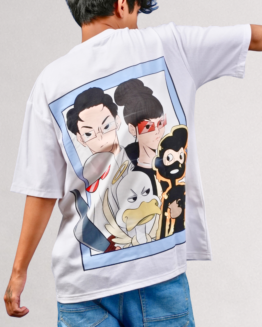 THE SIGNATURE All Characters Polaroid oversized cropped tee, front view