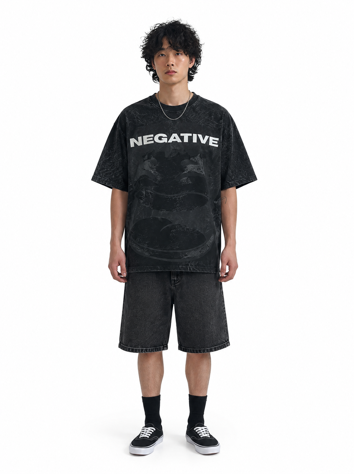 Be Negative tee black acid wash, front view, on model