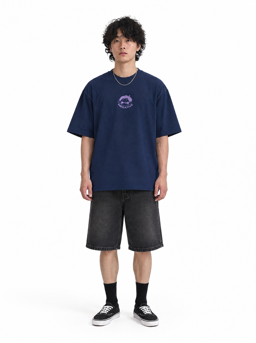 Delulu tee navy, front view, on model