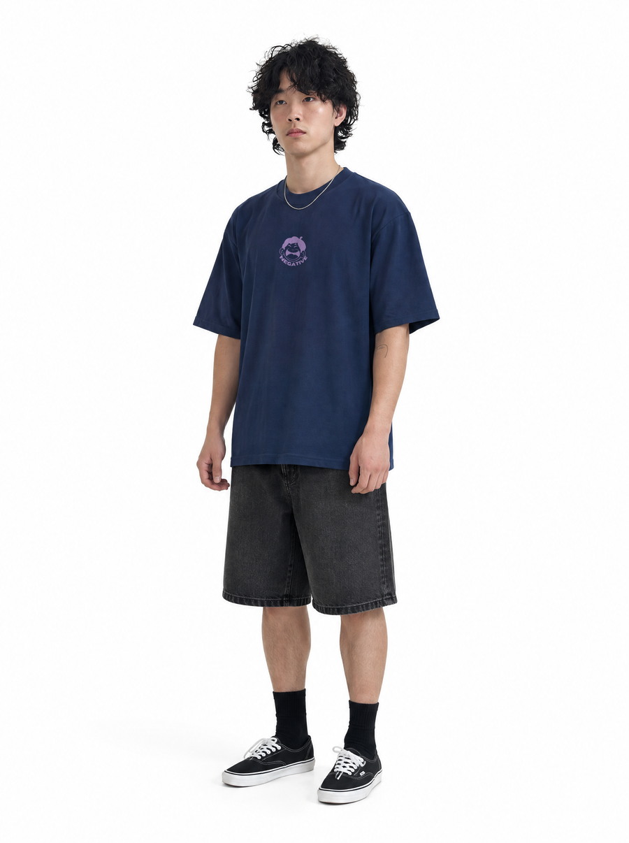 Delulu tee navy, front view, on model